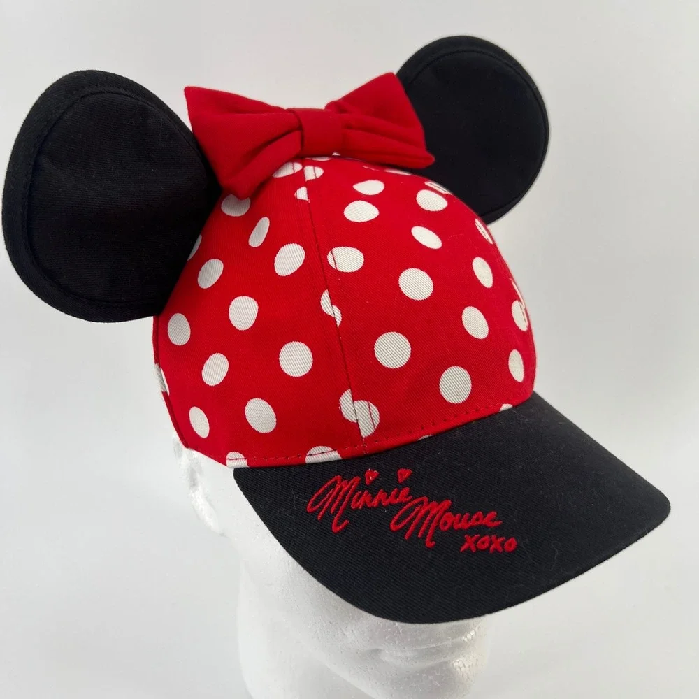 Disney Parks Minnie Mouse‎ Polka Dot Ears Bow Youth Baseball Cap Red Black White